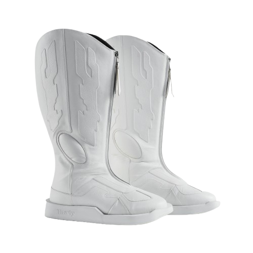 White high-top designer boots with futuristic stitching and side zipper, streetwear footwear