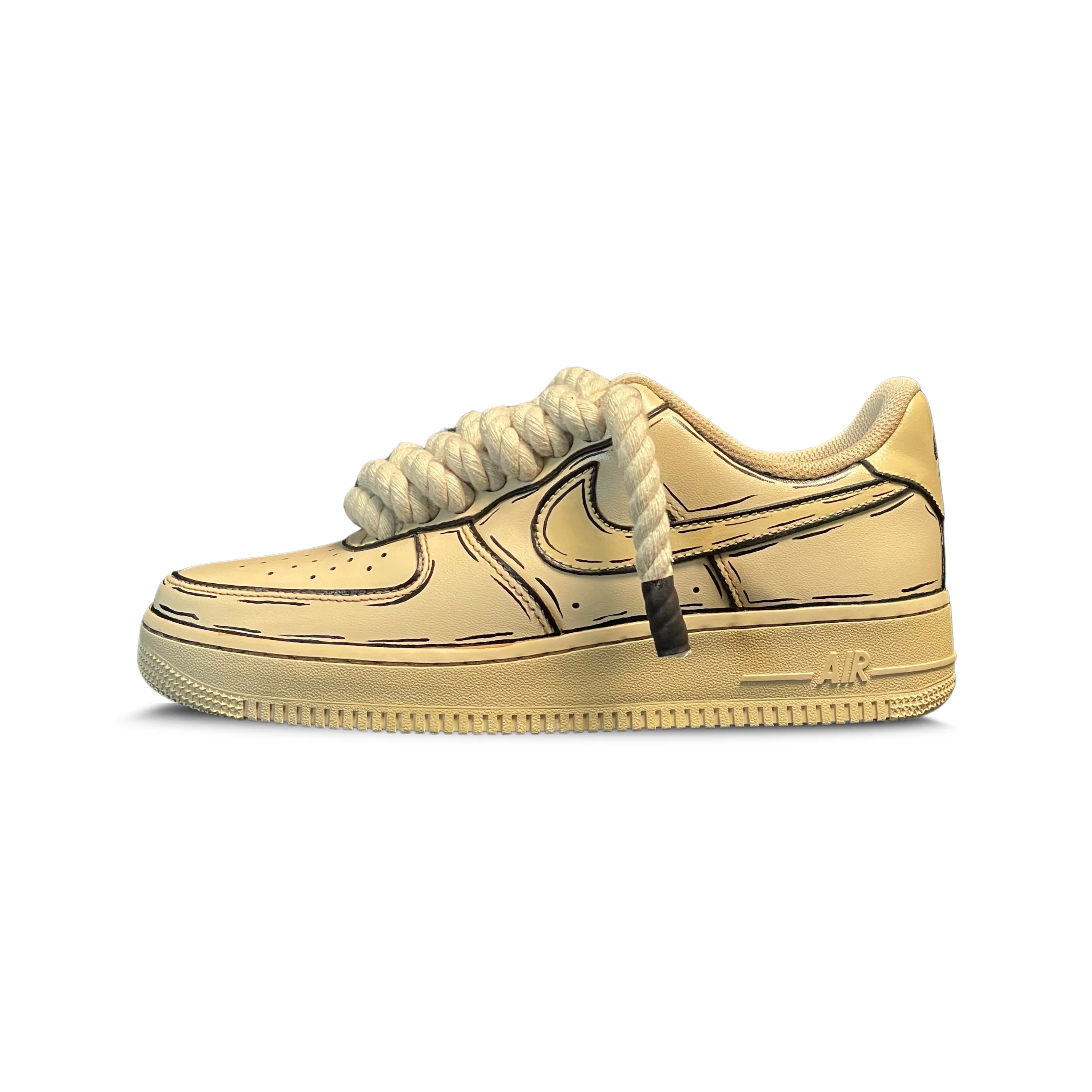 Beige streetwear sneaker with black outlined details and thick rope laces on white background