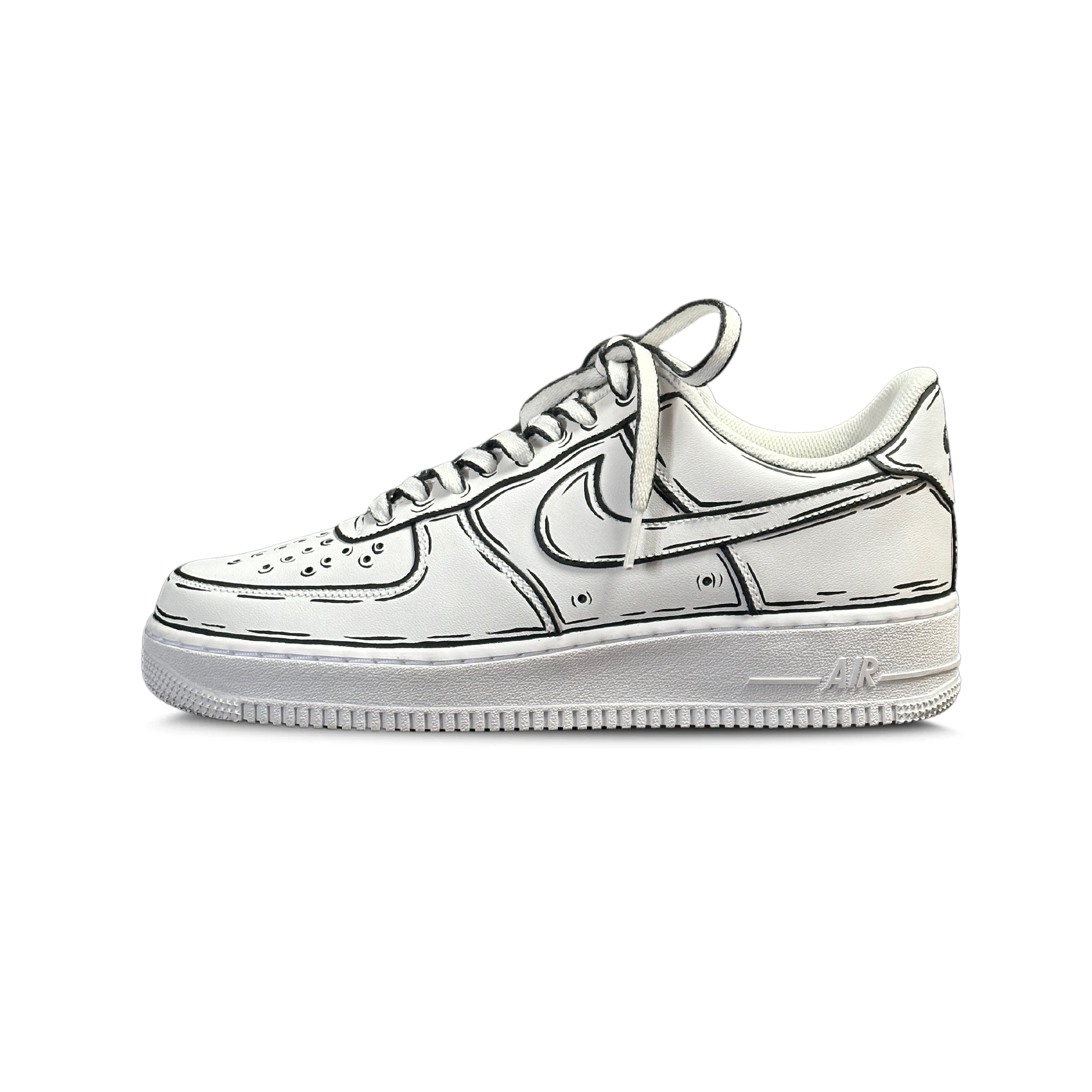 White streetwear sneaker with hand-drawn comic-style black outlines, side profile view