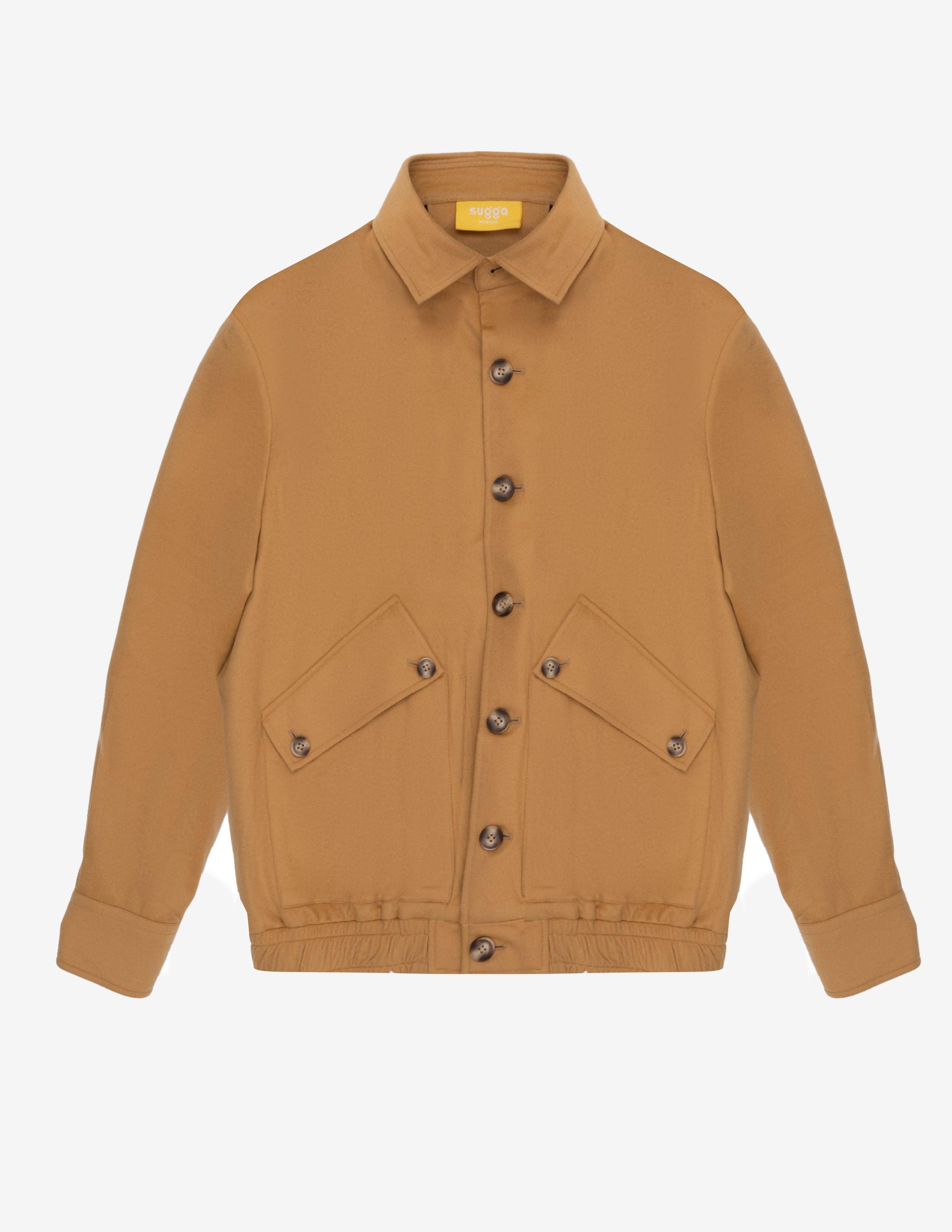 Camel brown cashmere bomber jacket with front buttons and angled flap pockets