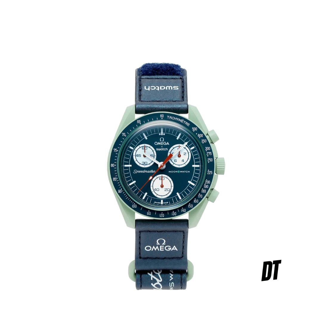 Omega x Swatch Speedmaster MoonSwatch with blue dial, chronograph, and black strap