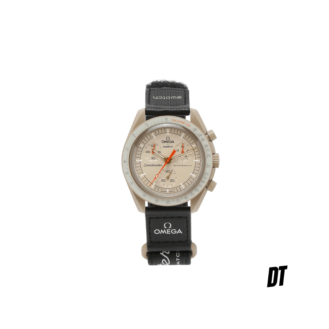 Omega Swatch Speedmaster beige dial luxury watch with black strap on white background