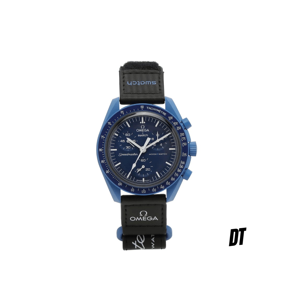Blue Omega x Swatch Speedmaster MoonSwatch wristwatch with black strap on white background