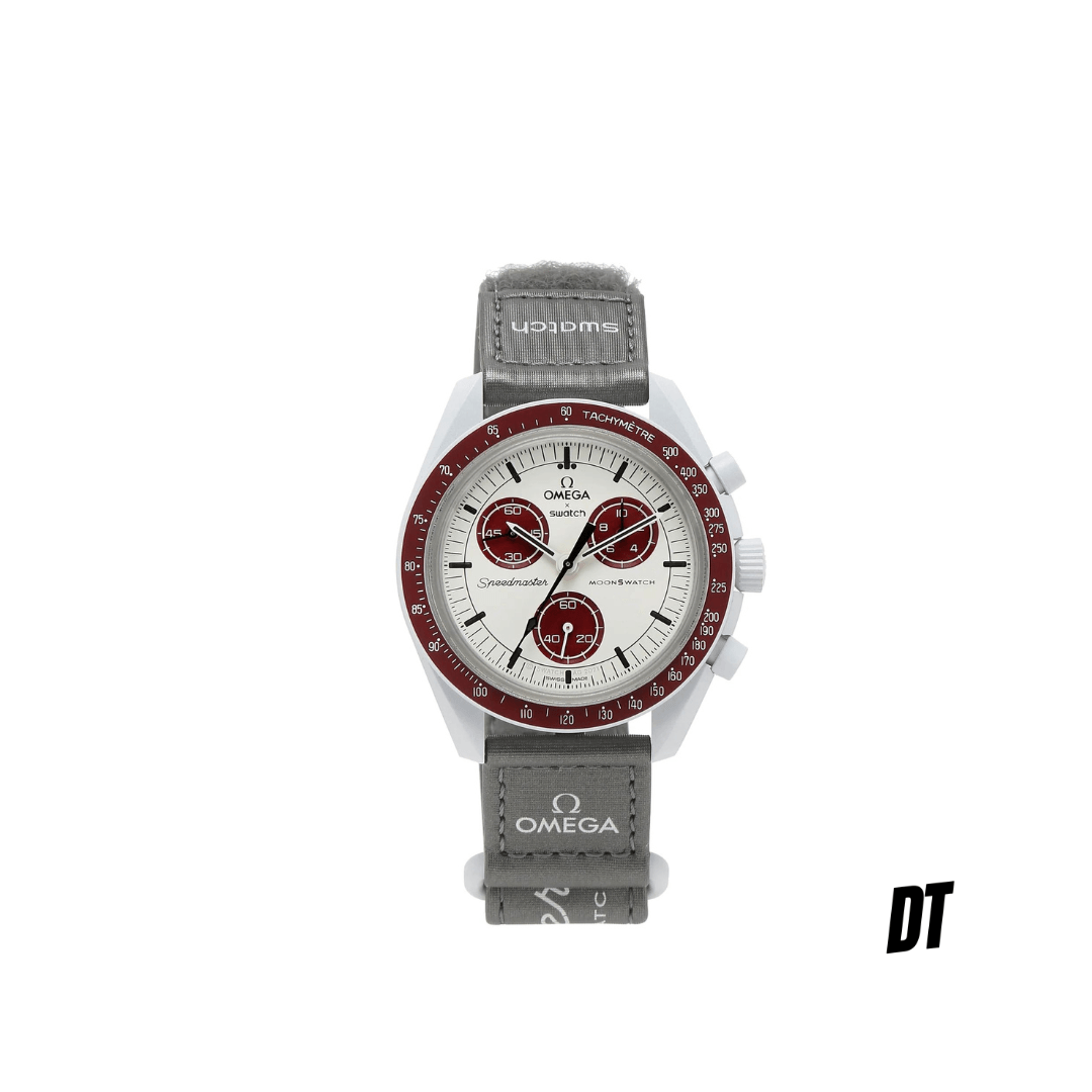 Omega Swatch Speedmaster watch with red bezel, white dial, and gray strap, streetwear accessory