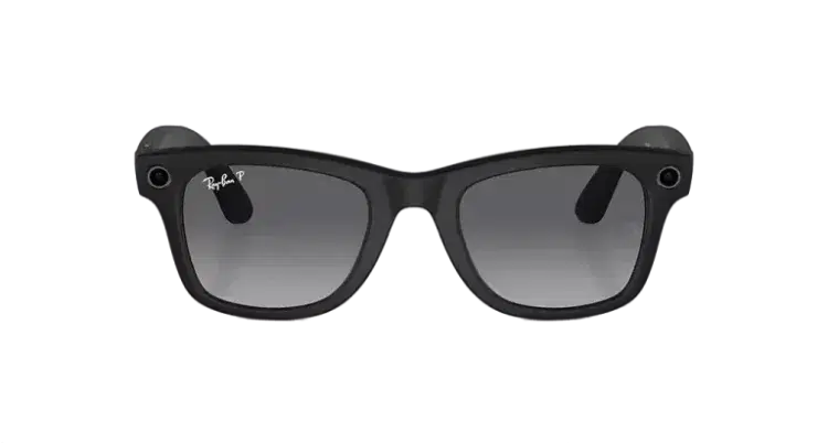 Black smart sunglasses with camera and gradient lenses against a dark background
