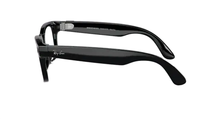 Side view of black designer sunglasses with logo on temples, modern streetwear style