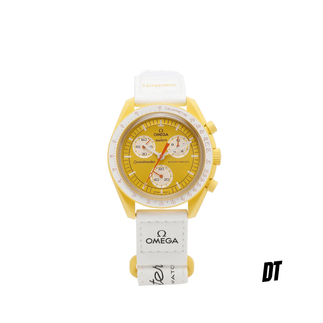 Yellow Omega Moonswatch Speedmaster chronograph watch with white strap on white background