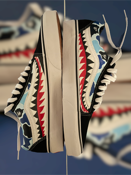 Streetwear sneakers with shark teeth and camo print, side view, trendy designer footwear