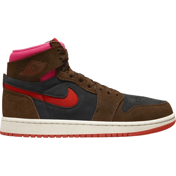 High-top brown and black suede sneaker with red Nike swoosh and pink ankle collar