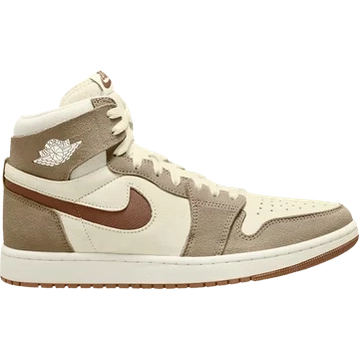 High-top beige and brown suede sneaker with white accents and perforated toe box