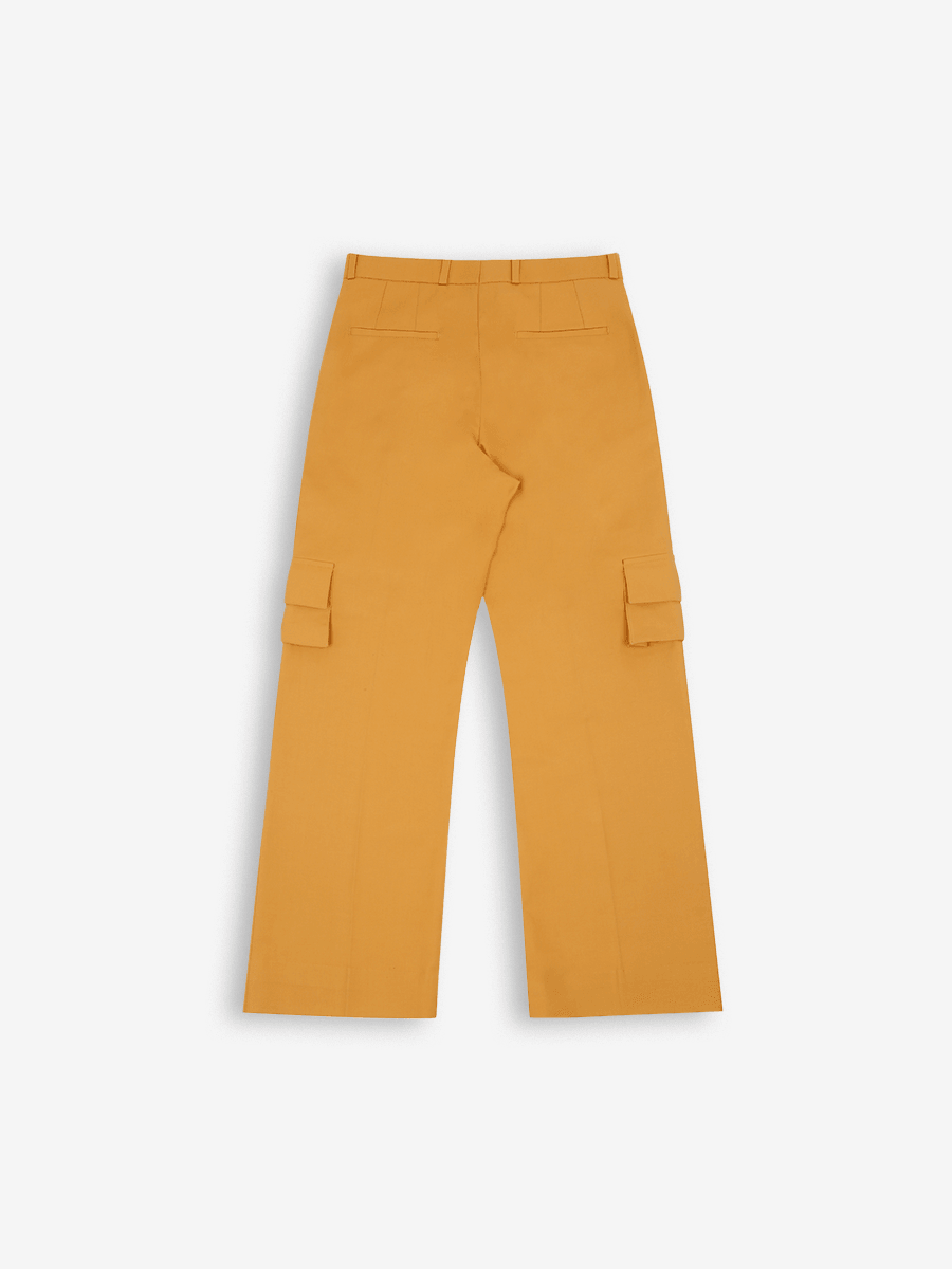 Yellow cargo pants with back pockets and side flap pockets, streetwear style