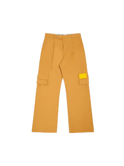 Yellow cargo pants with wide legs and side pockets, streetwear style
