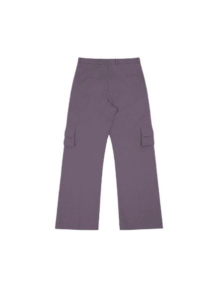 Purple cargo pants with side pockets, streetwear style, flat lay on white background