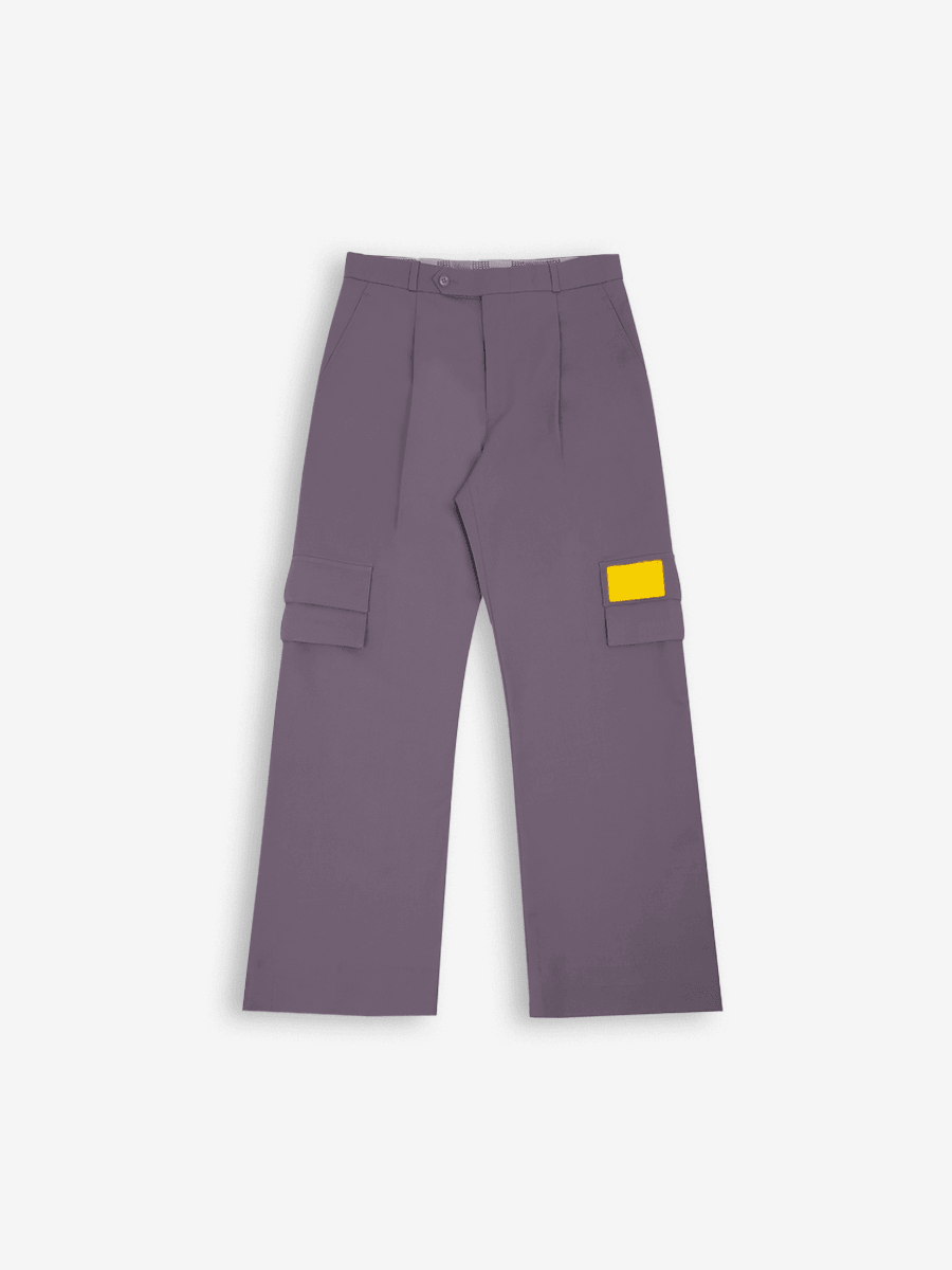 Purple wide-leg cargo pants with yellow patch, streetwear style, flat lay
