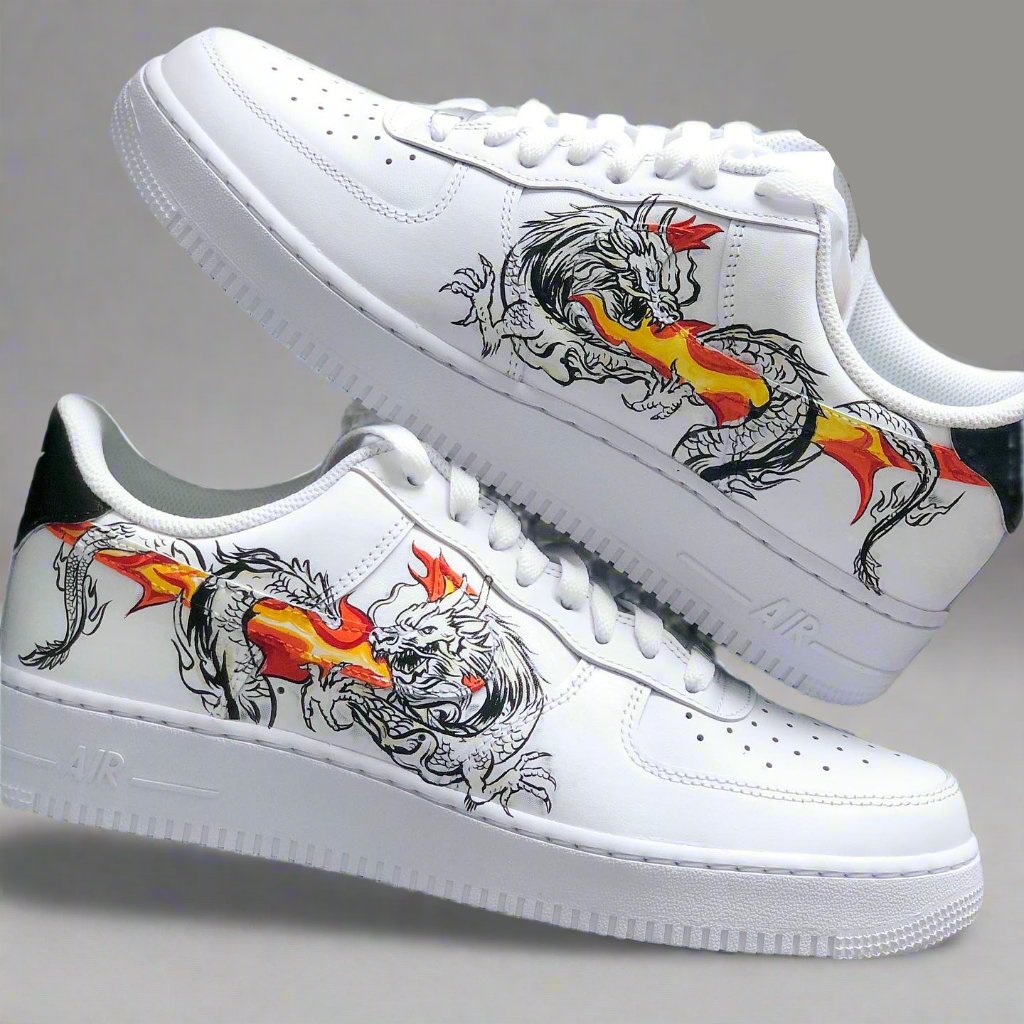 White custom sneakers with dragon and flame graphic, streetwear limited edition shoes