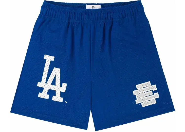Blue streetwear shorts with white LA and graphic logo, elastic waist, sporty style.