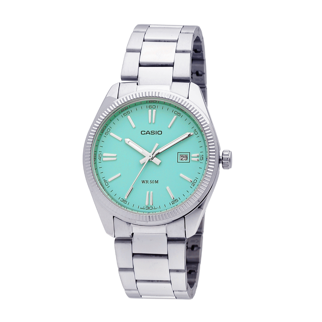 Silver Casio watch with mint green dial and date display, stainless steel bracelet