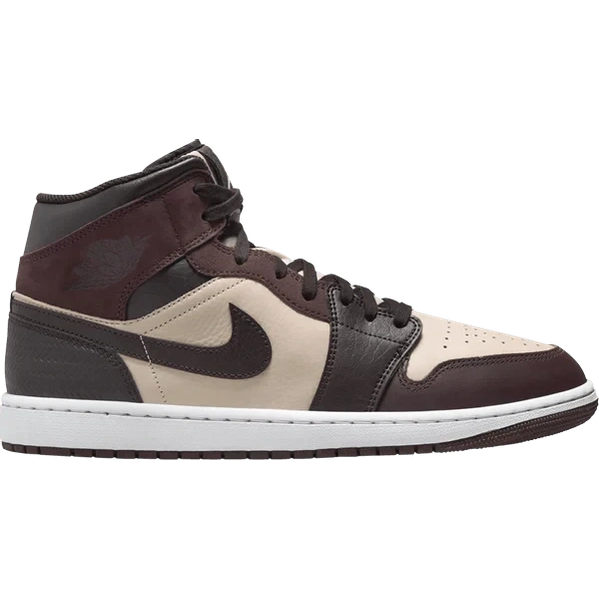 Brown and beige high-top sneaker with leather panels and a dark swoosh logo on the side