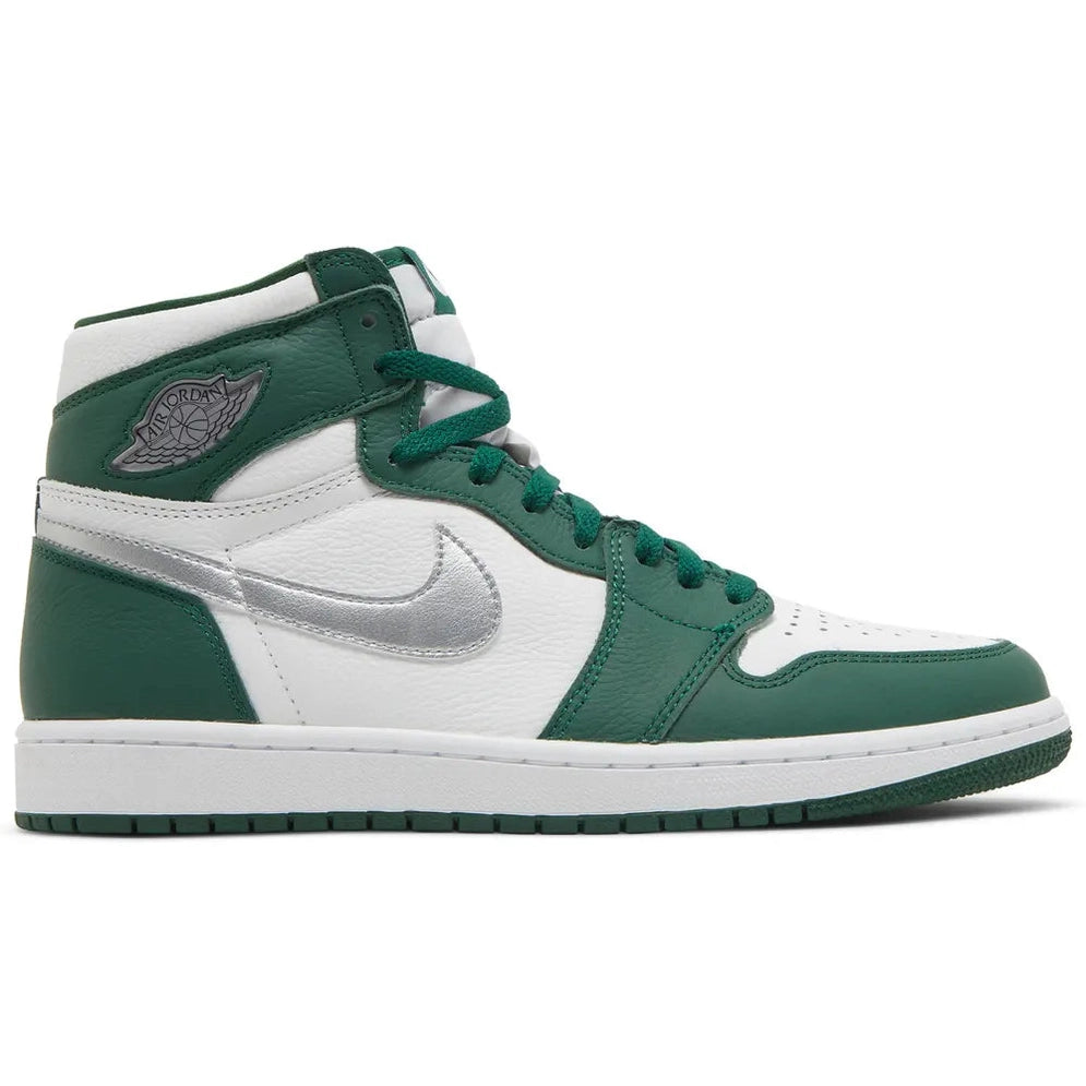 Green and white high-top sneaker with silver swoosh and Air Jordan logo, streetwear shoe