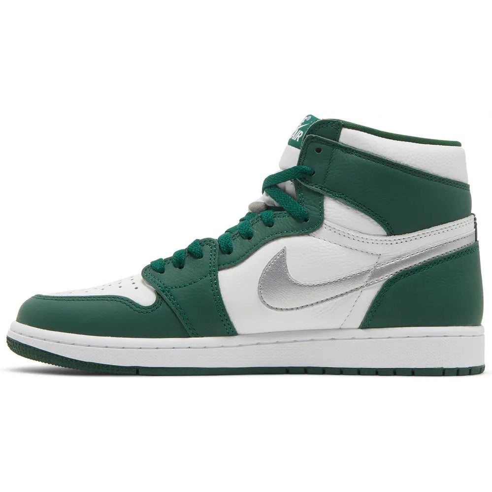 Green and white high-top sneaker with silver swoosh, classic streetwear shoe