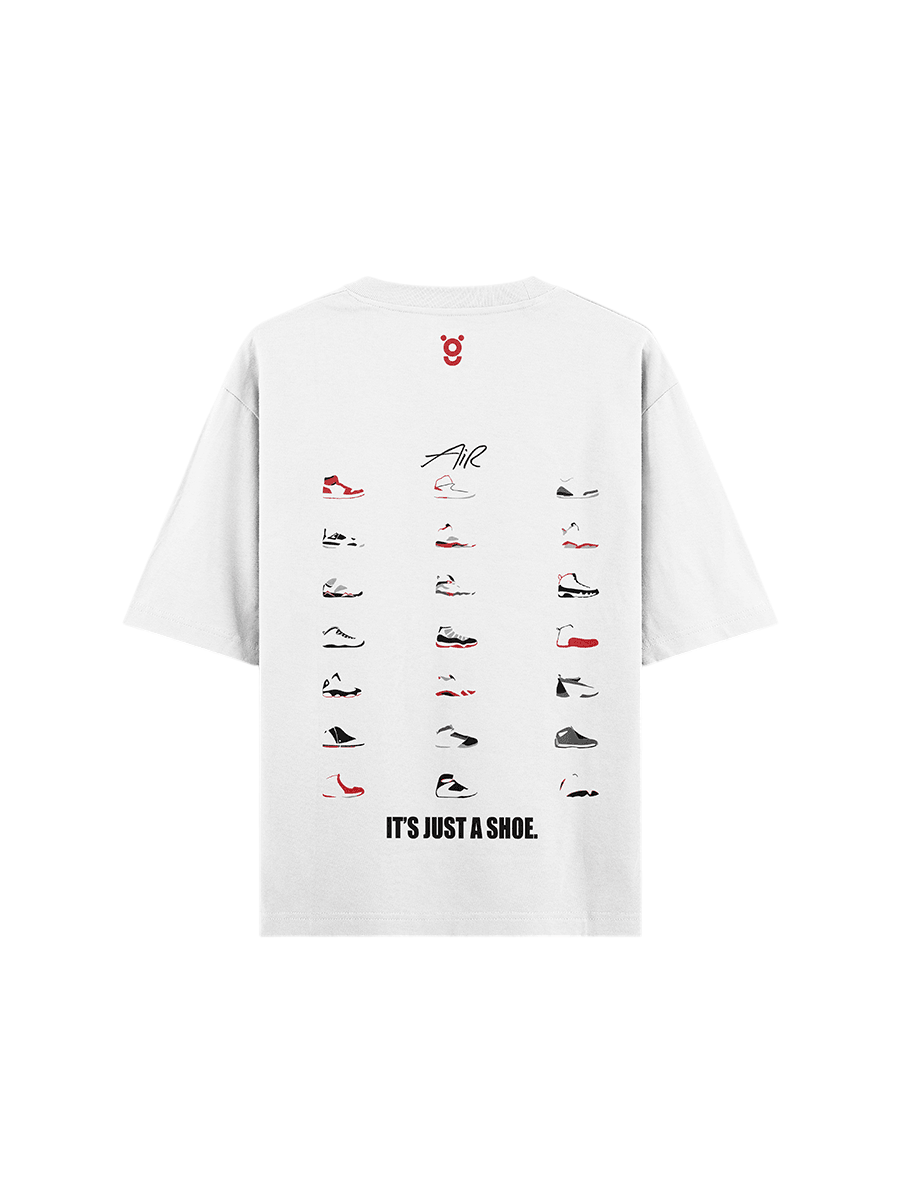 White streetwear t-shirt with graphic sneaker illustrations and 'It's just a shoe.' text