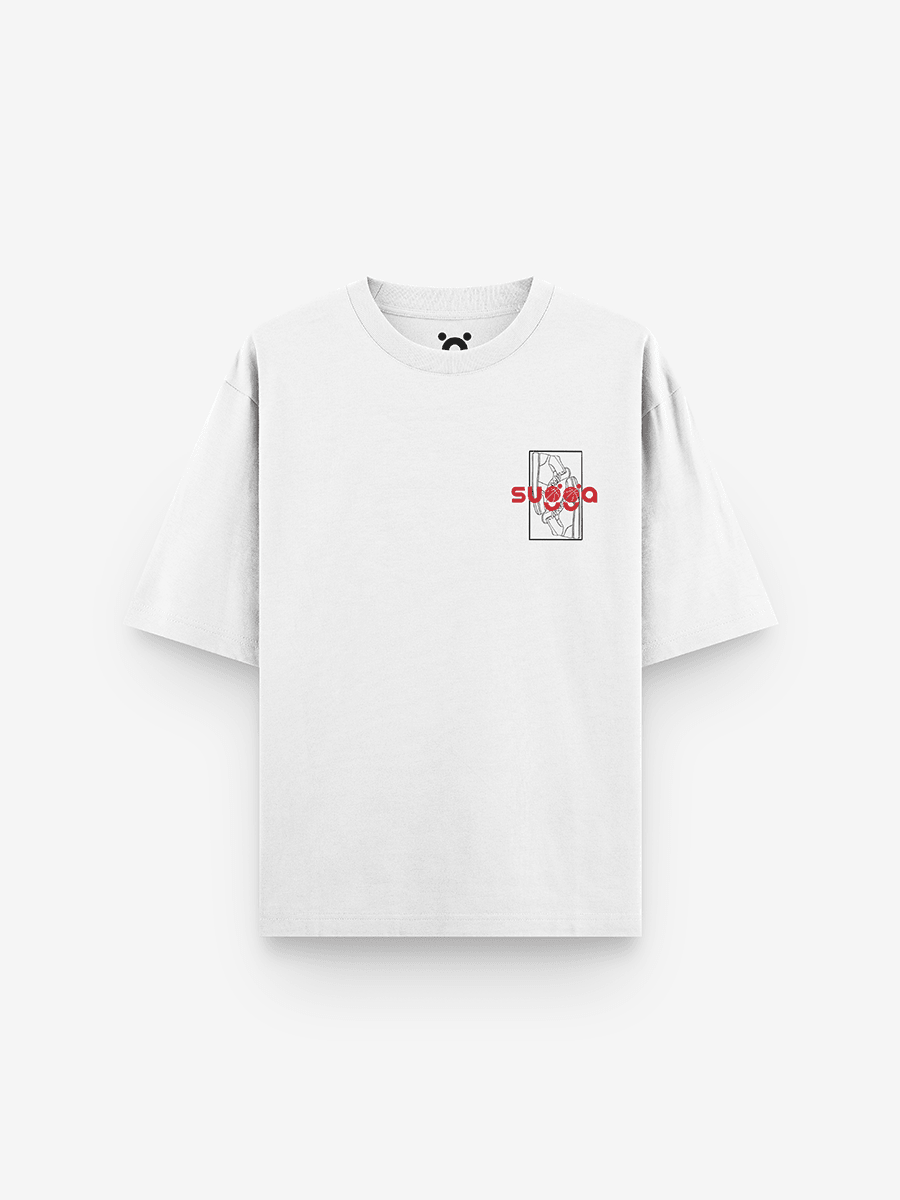White streetwear t-shirt with abstract graphic and red 'swaga' text on chest