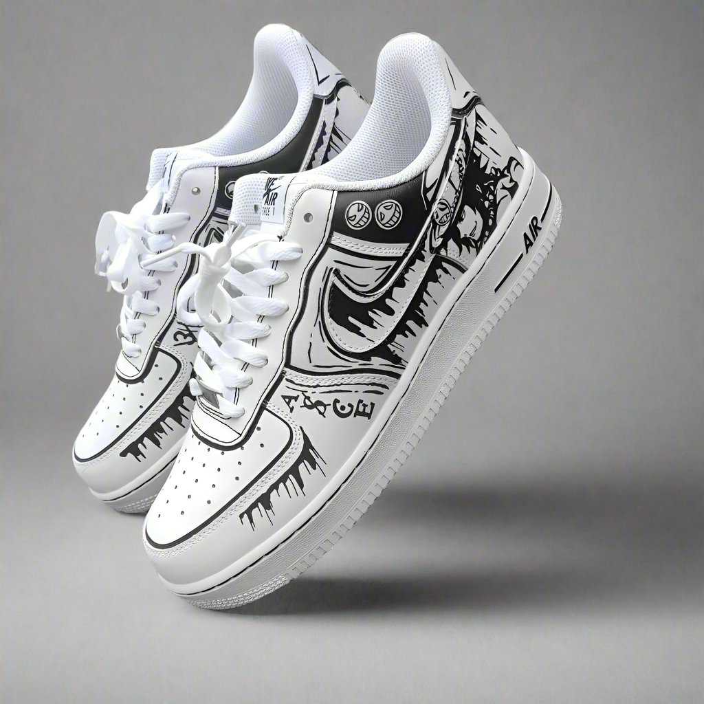 White designer sneakers with bold black graphic art, streetwear limited edition style