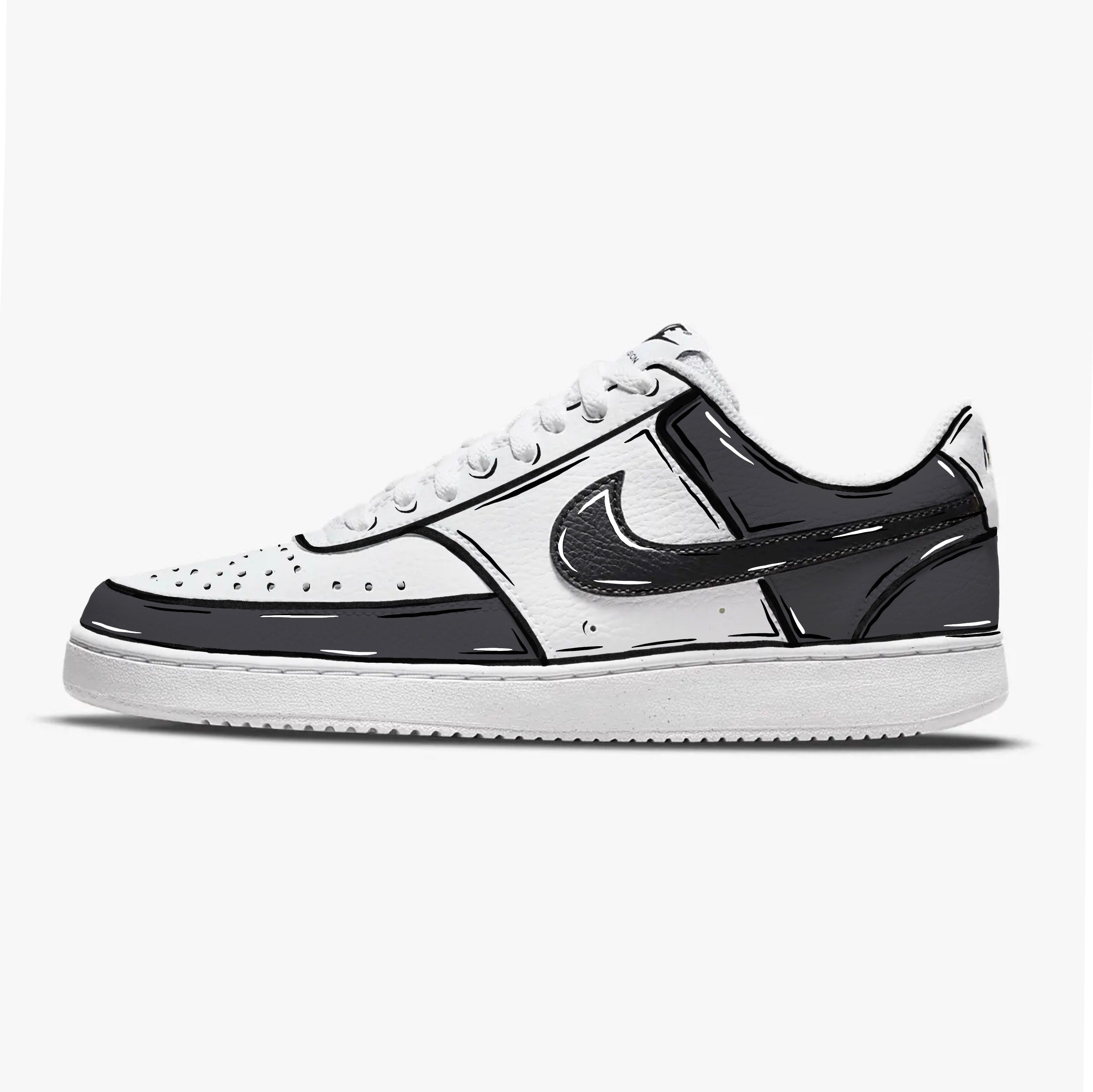 White and black streetwear sneaker with cartoon graphic accents on a clean background