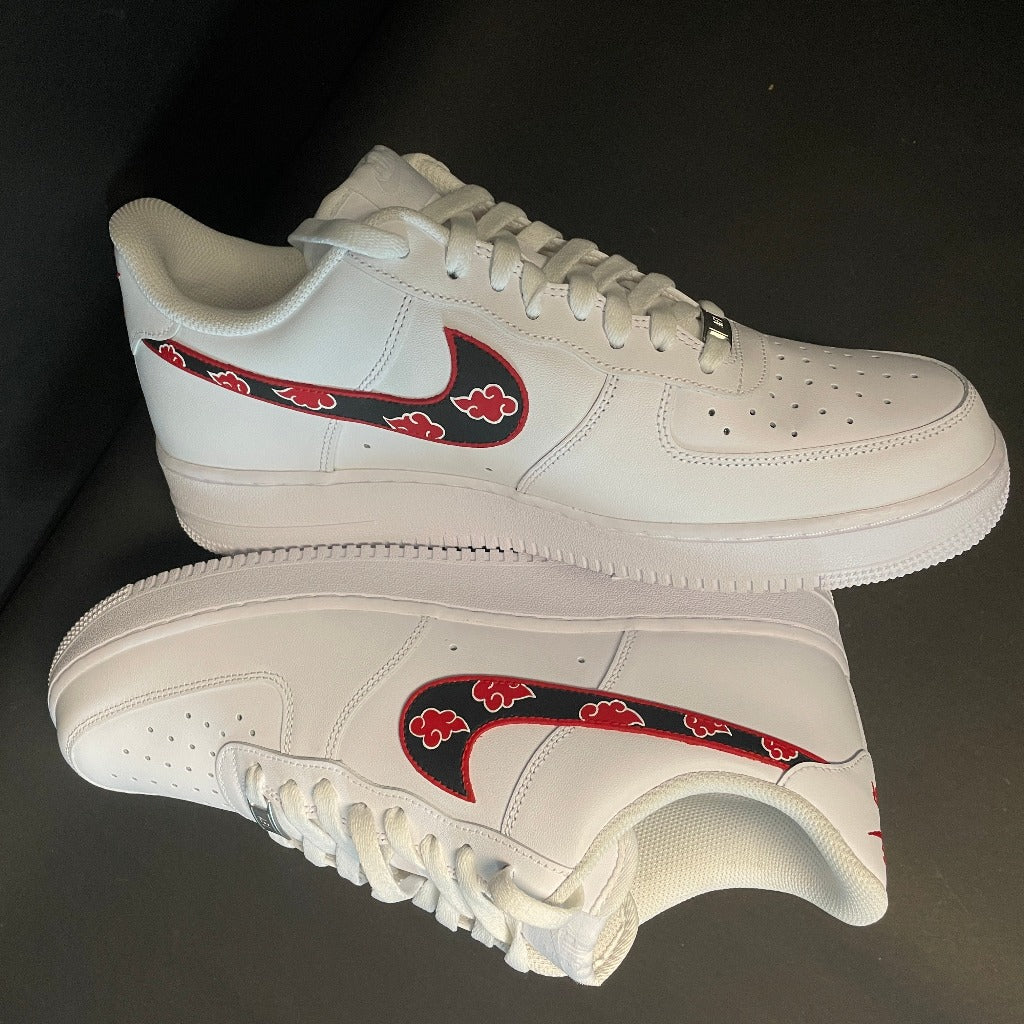 White streetwear sneakers with custom black and red swoosh, Akatsuki cloud design