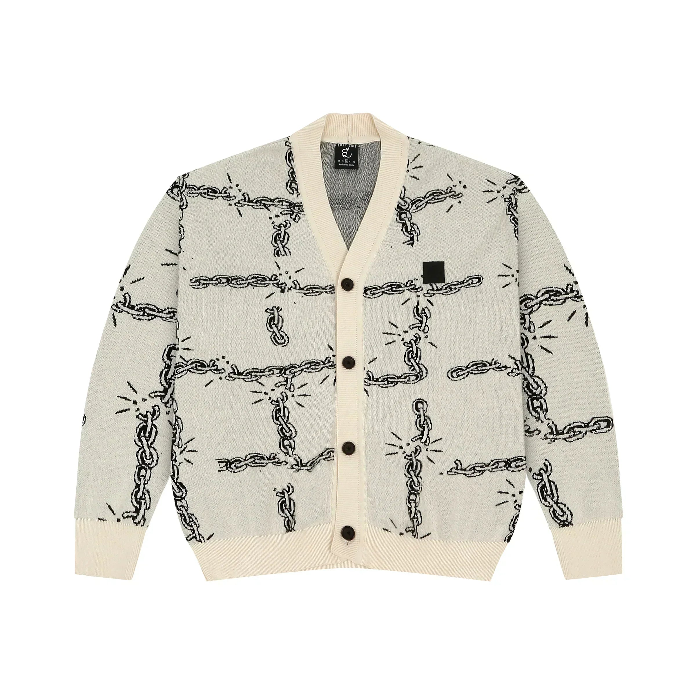Light gray cardigan with black chain link pattern and cream ribbed collar, cuffs, and hem