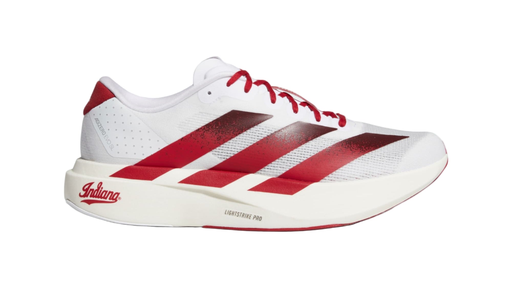 White and red sneaker with 'Indiana' branding on a light gray background