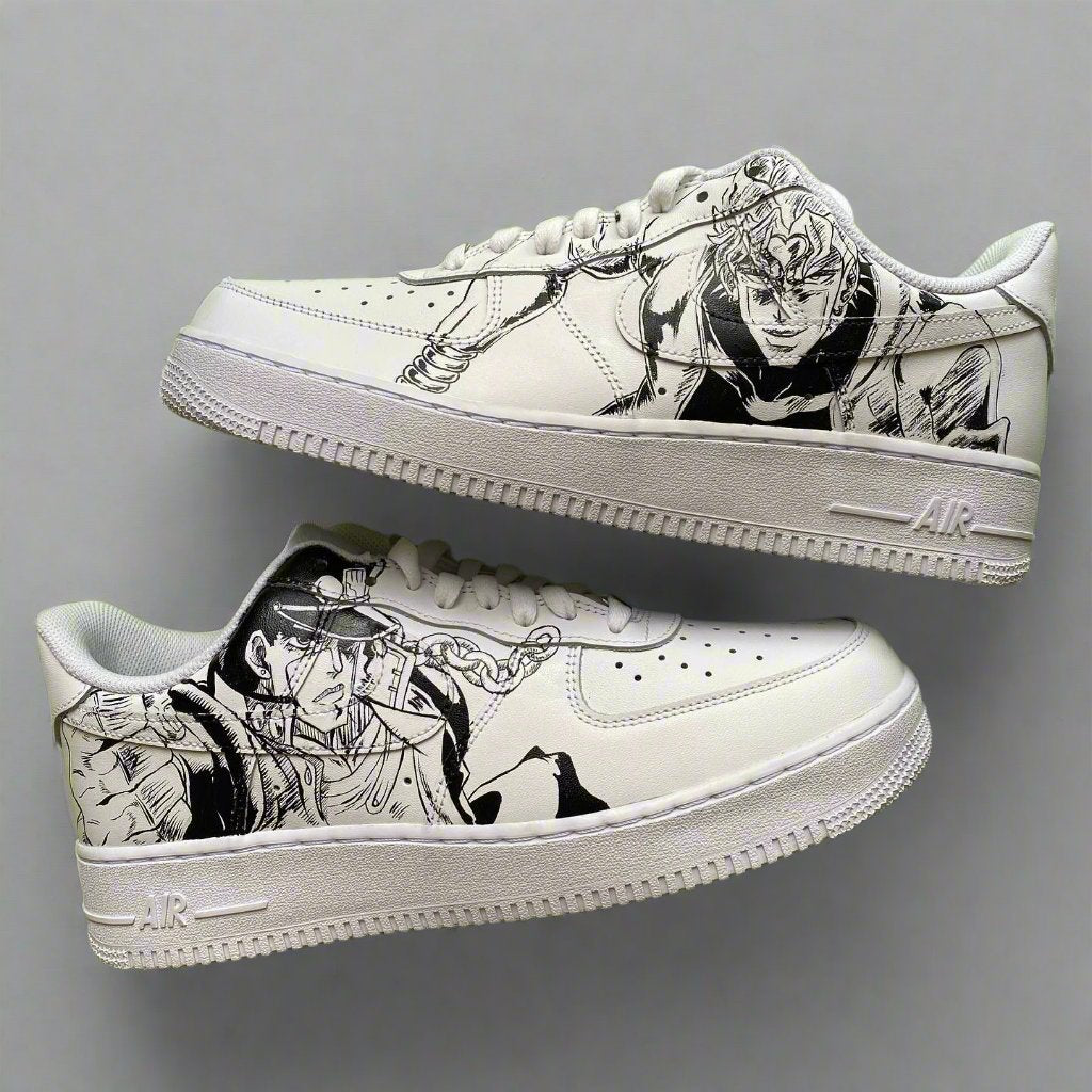 White Air Force 1 sneakers with custom anime black line art on sides, streetwear style