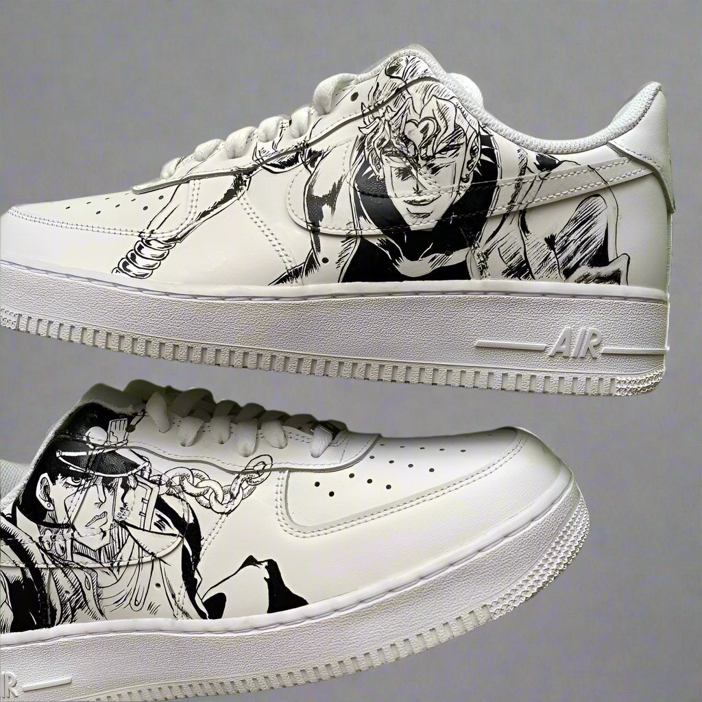 Custom white Air Force 1 sneakers featuring black anime artwork with detailed character illustrations.
