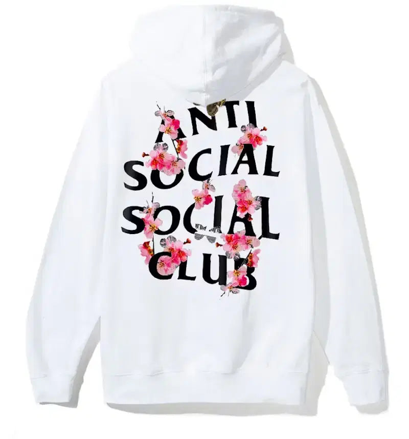 White streetwear hoodie with black 'Anti Social Social Club' text and pink floral accents on back