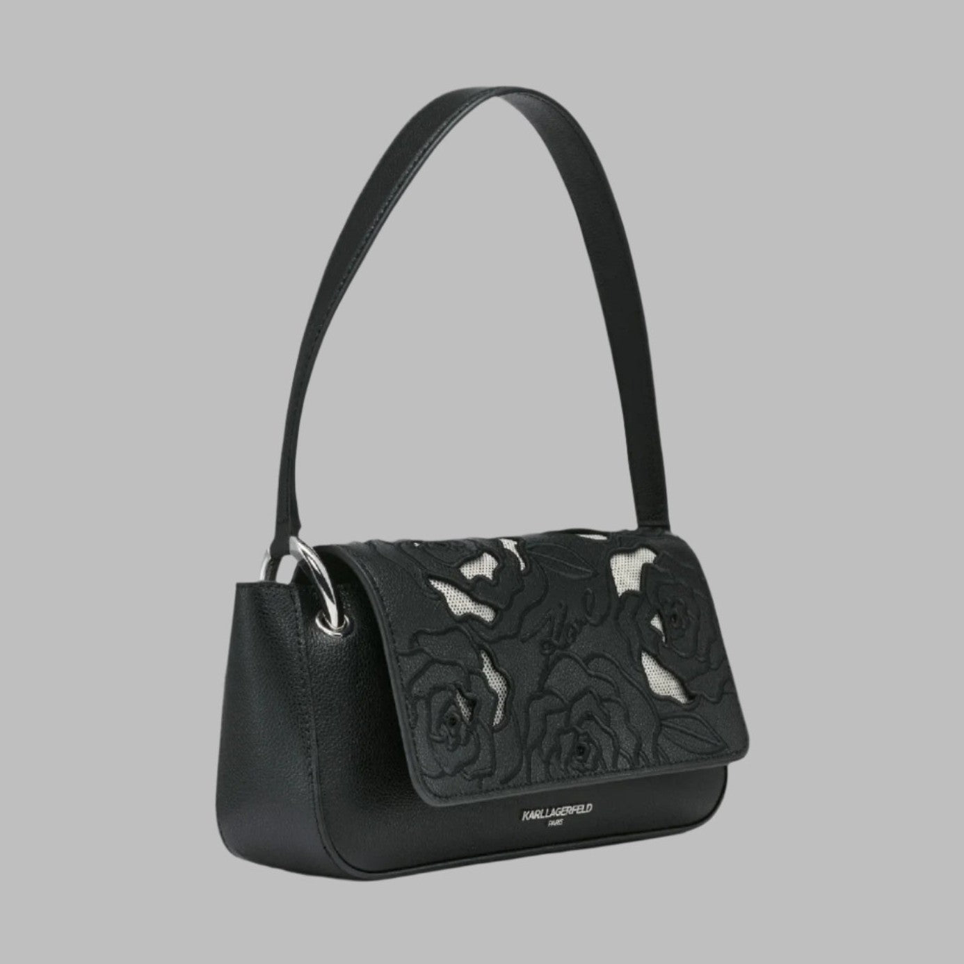 Karl Lagerfeld Monet floral embroidery leather shoulder bag black