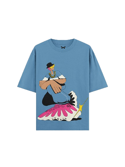 Blue streetwear t-shirt with colorful graphic print of a person sitting on a large flower
