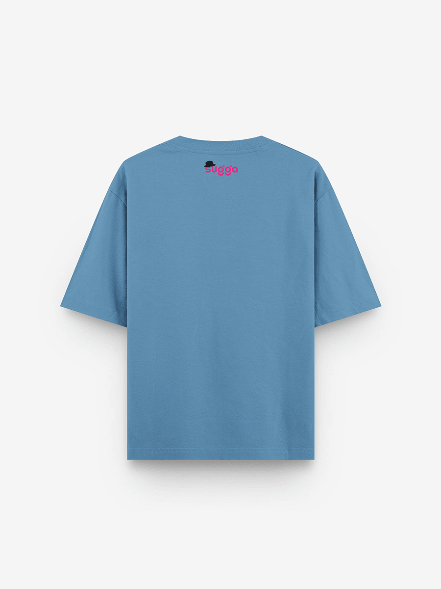 Blue streetwear t-shirt with small black hat and pink 'sugga' graphic on back