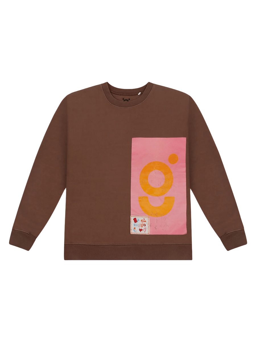 Brown streetwear crewneck sweatshirt with pink and yellow abstract graphic on front