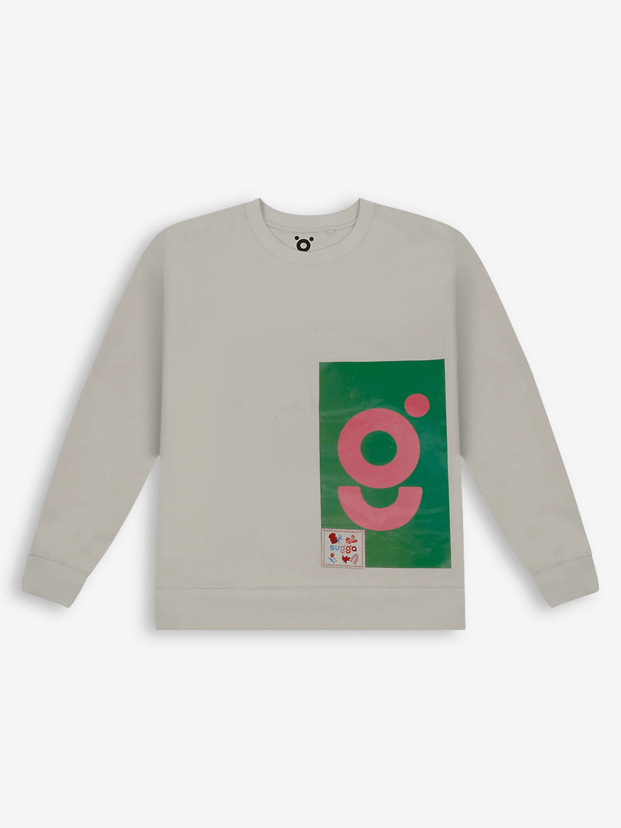 Beige streetwear sweatshirt with green and pink abstract graphic and Sugao patch