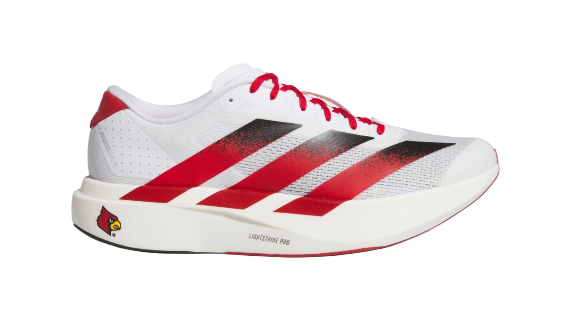 White and red athletic shoe with stripes on a white background