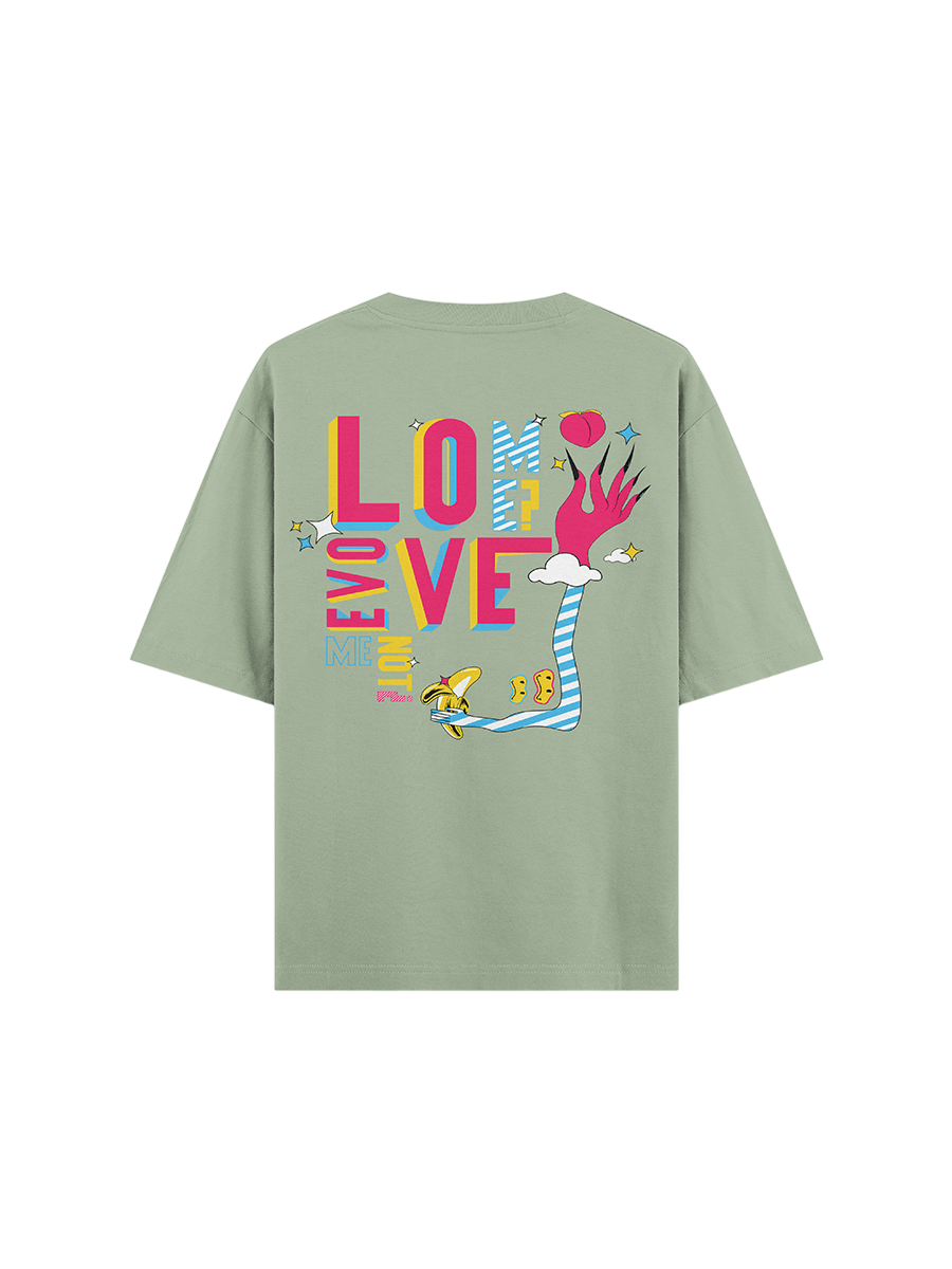 Green streetwear t-shirt with bold colorful love-themed graphic and playful cartoon illustrations on back