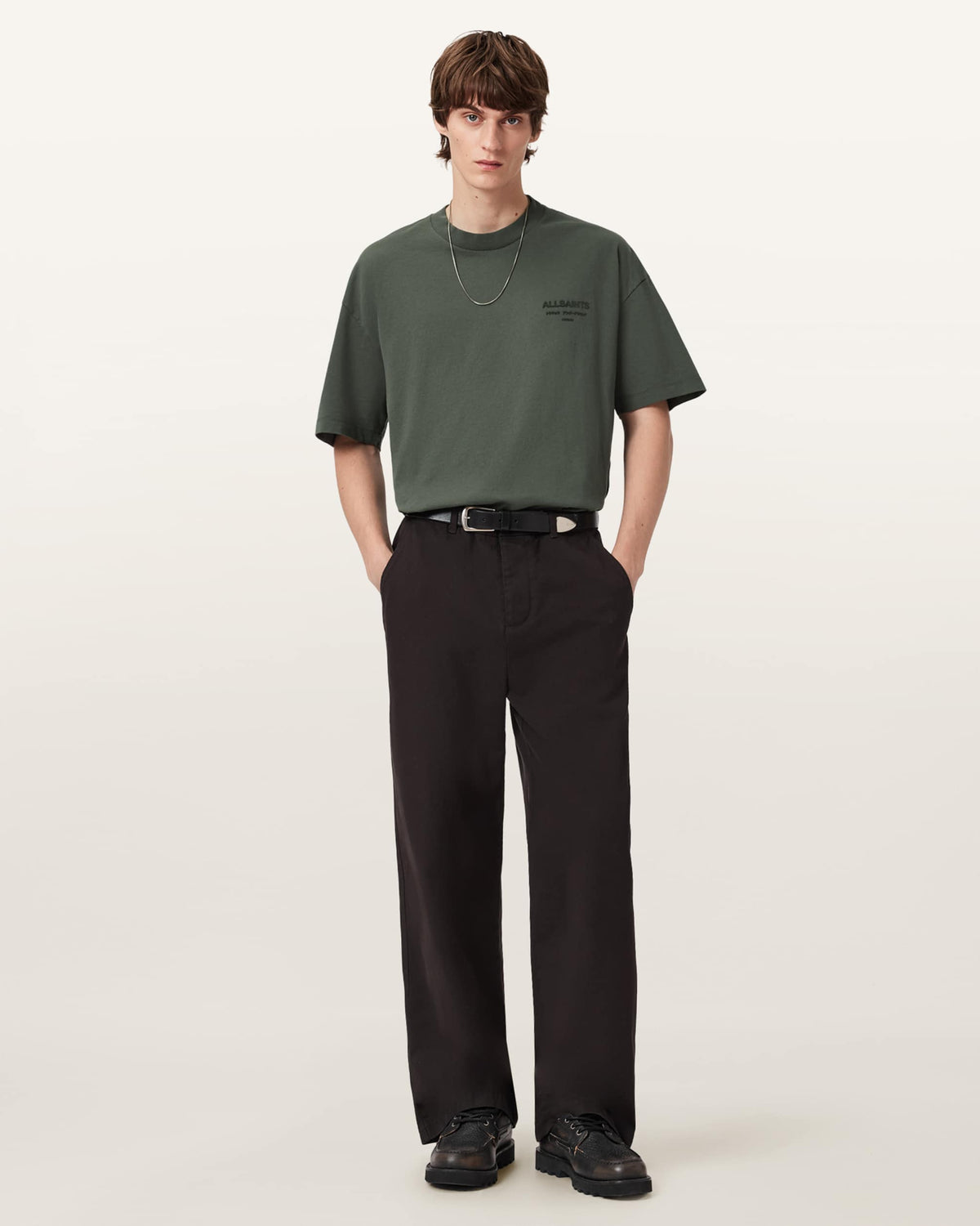 All Saints Xander Flocked Logo Oversized T-Shirt 'Garnet Green'