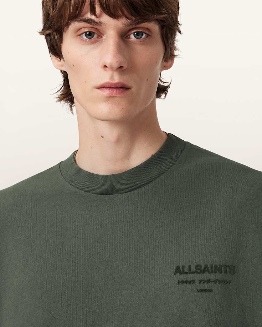 AllSaints Xander Flocked Logo Oversized T-Shirt – Garnet Green