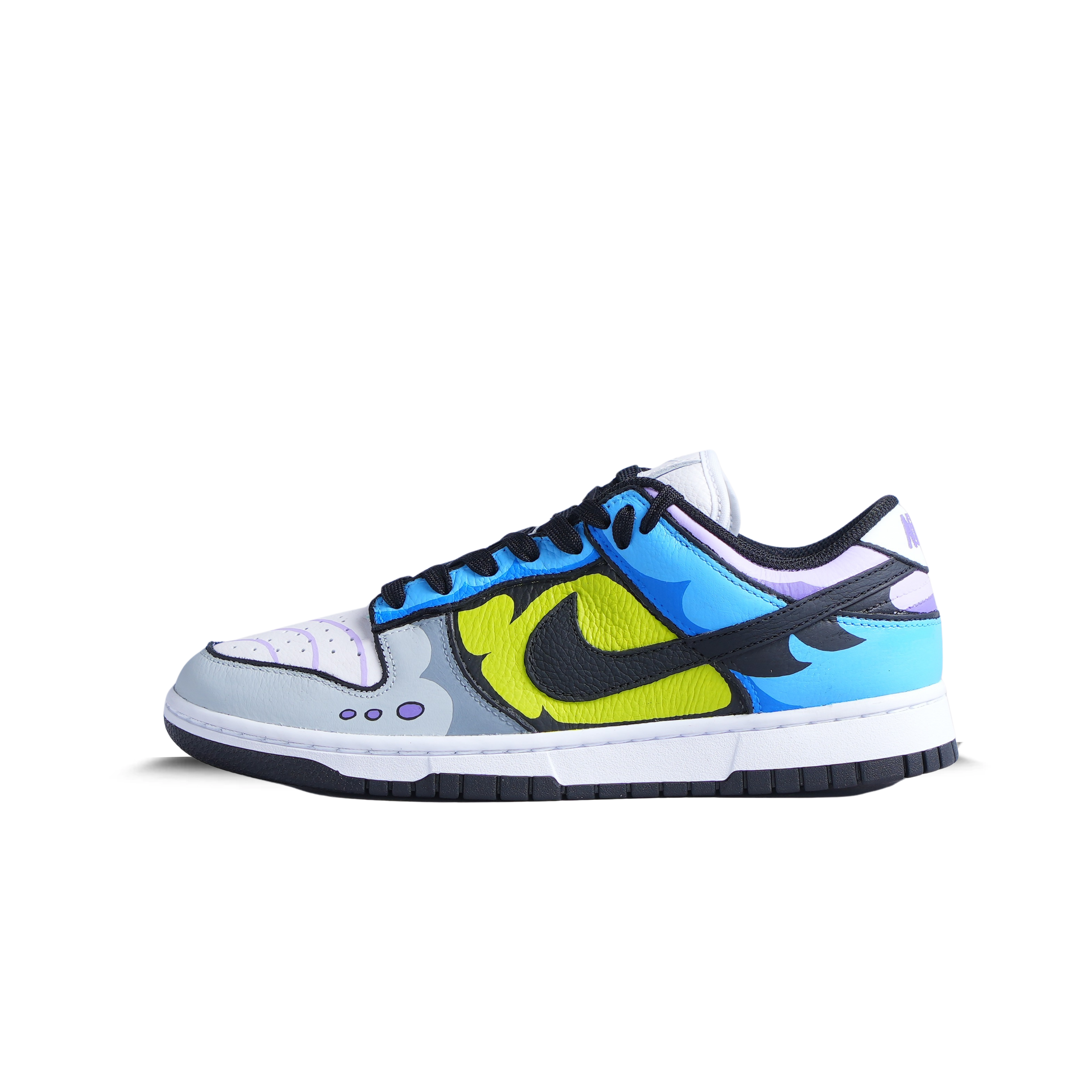 Colorful streetwear sneaker with cartoon-inspired blue, yellow, and black design on white sole