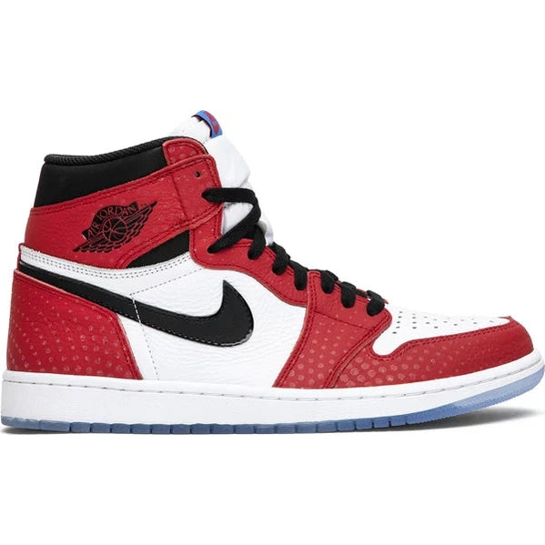 Red, white, and black high-top sneaker with translucent sole and textured leather panels.