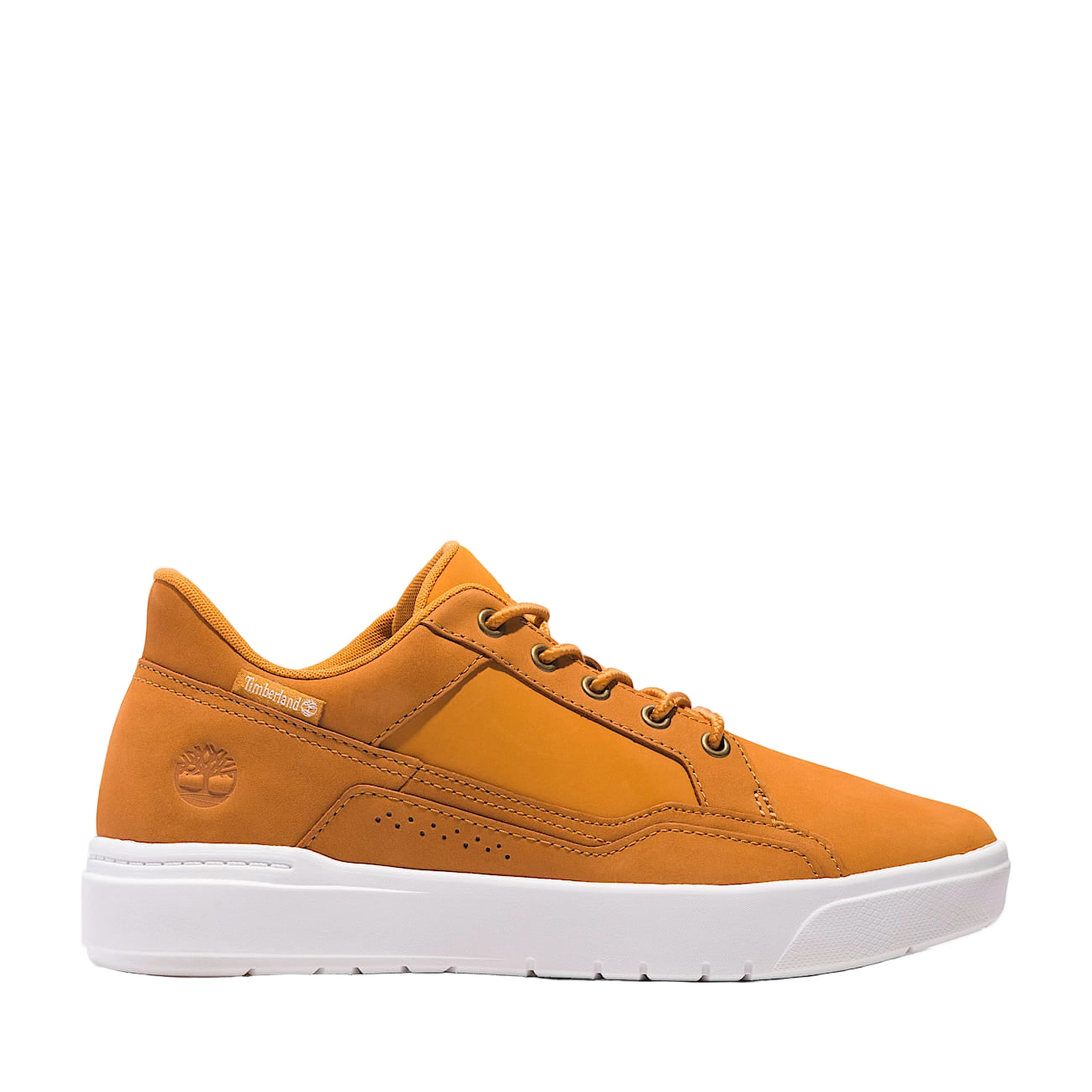 Orange sneaker with white sole on a light gray background