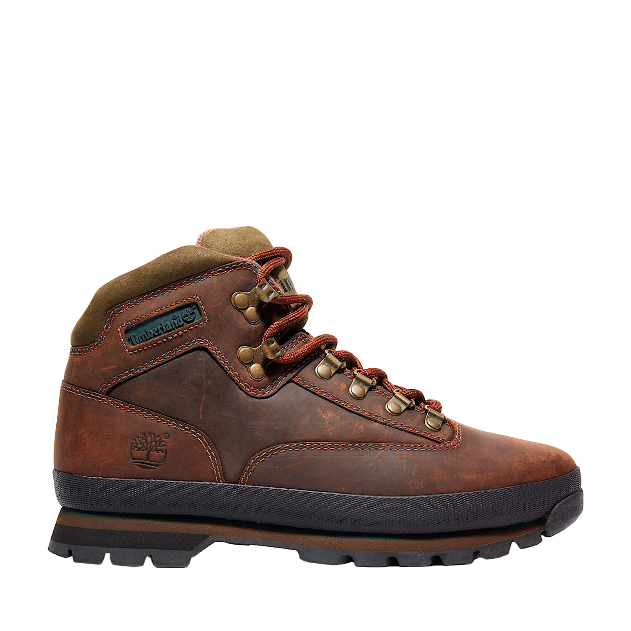 Brown leather hiking boot with visible Timberland logo on a white background