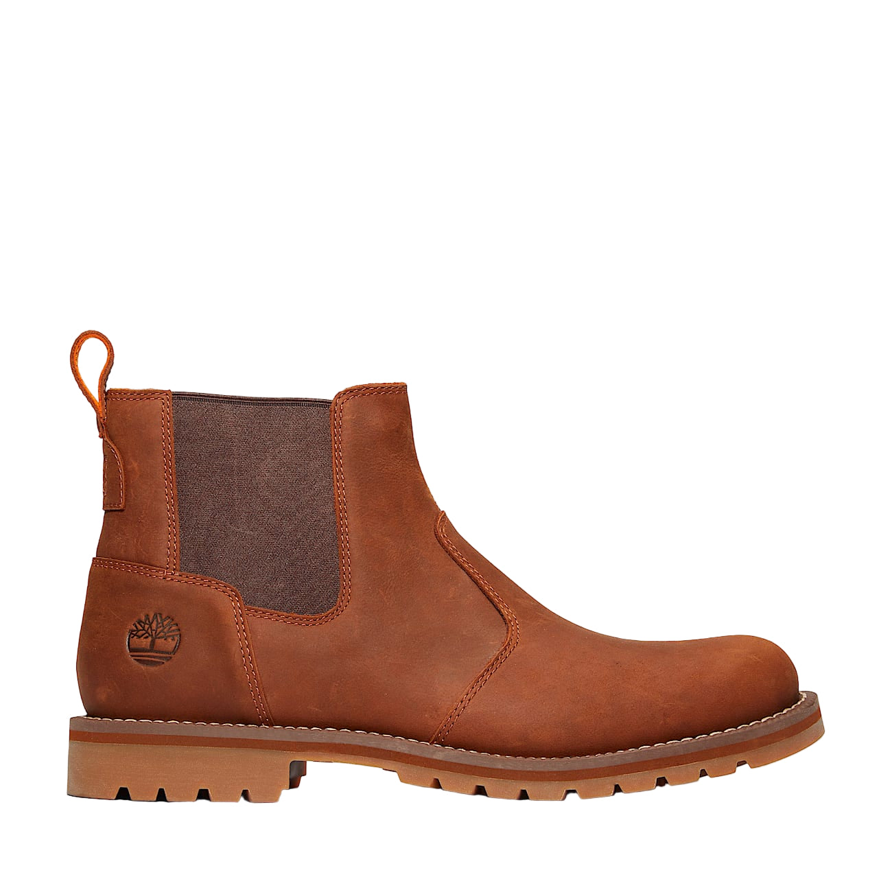 Brown leather boot with visible brand logo on a light gray background