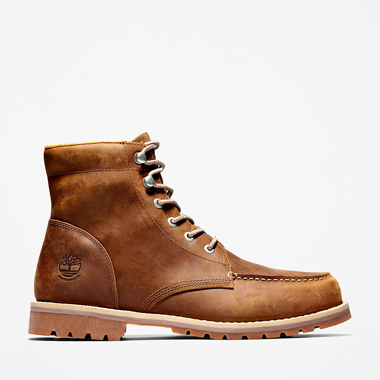 Brown leather boot with laces on a white background