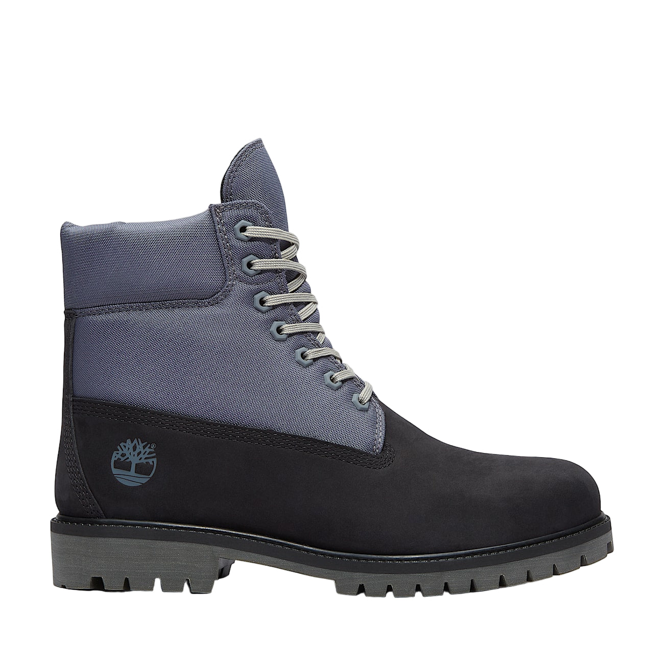 Black and gray boot with Timberland logo on a light gray background